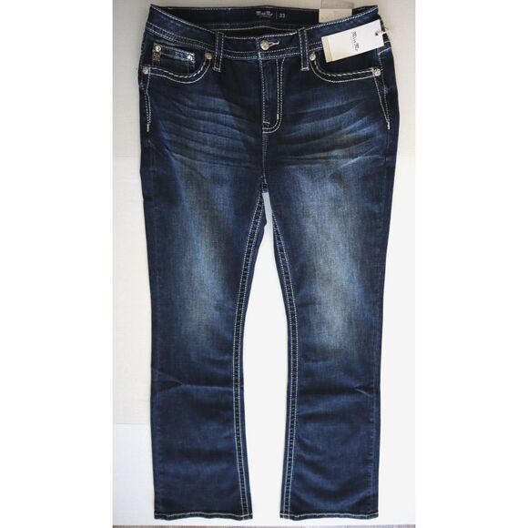 Miss Me M3953B Women's Sz 33 Dk Blue Floral Paradise Mid-Rise Bootcut Jeans - Picture 1 of 13